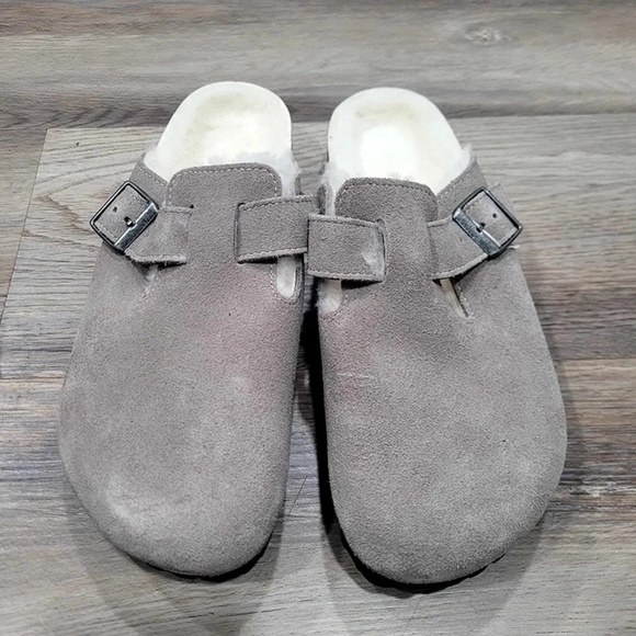 Birkenstock Suede Leather Boston Shearling Fur Gray Euro 41 Women 10 - Picture 3 of 6